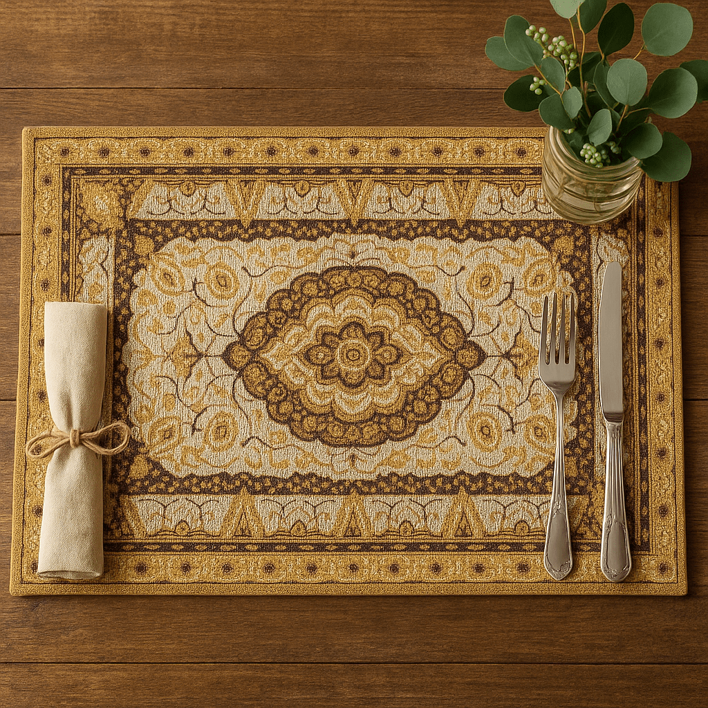 DaDa Bedding Set of 4-6 Pieces Royal Persian Style Rug Golden Brown Floral Tapestry Placemats 13” x 19” (18119)