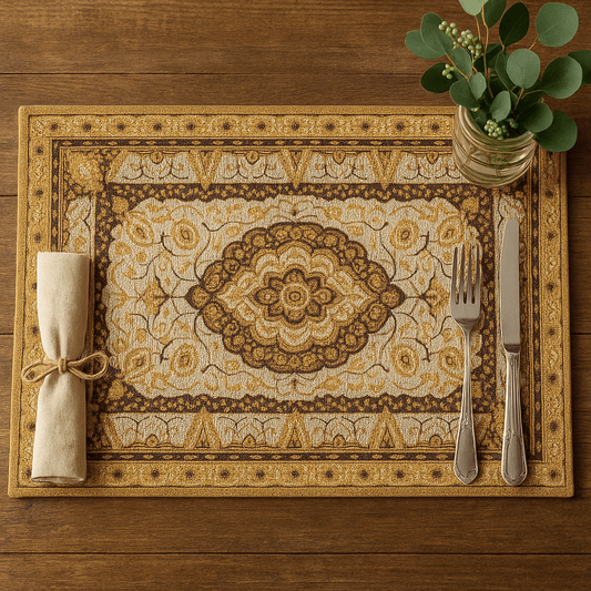 DaDa Bedding Set of 4-6 Pieces Royal Persian Style Rug Golden Brown Floral Tapestry Placemats 13” x 19” (18119)