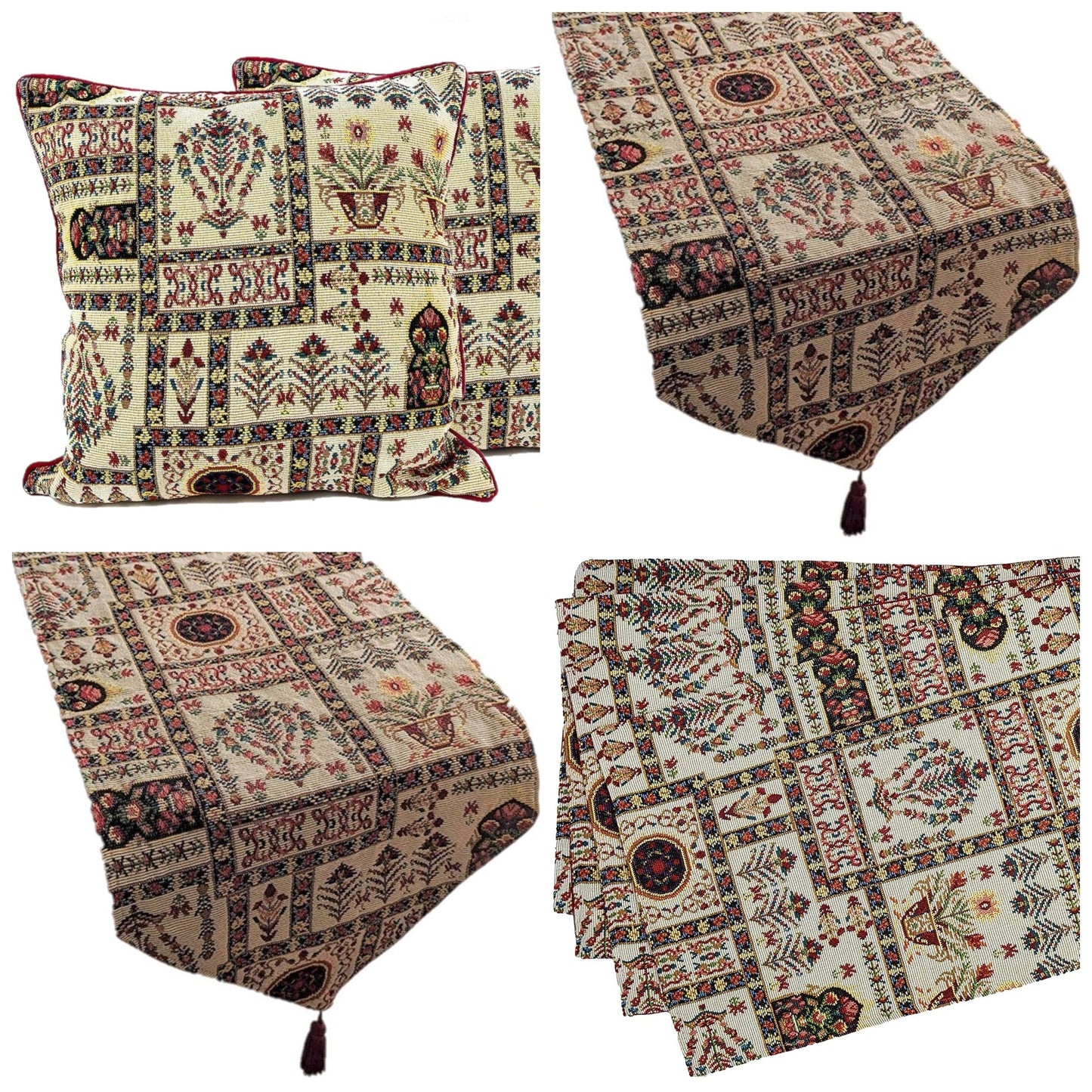 DaDa Bedding Set of 8 Pieces Light Botanical Mughal Floral Table Woven Tapestry - 4 Placemats, 2 Table Runners, 2 Throw Pillow Covers (18196)