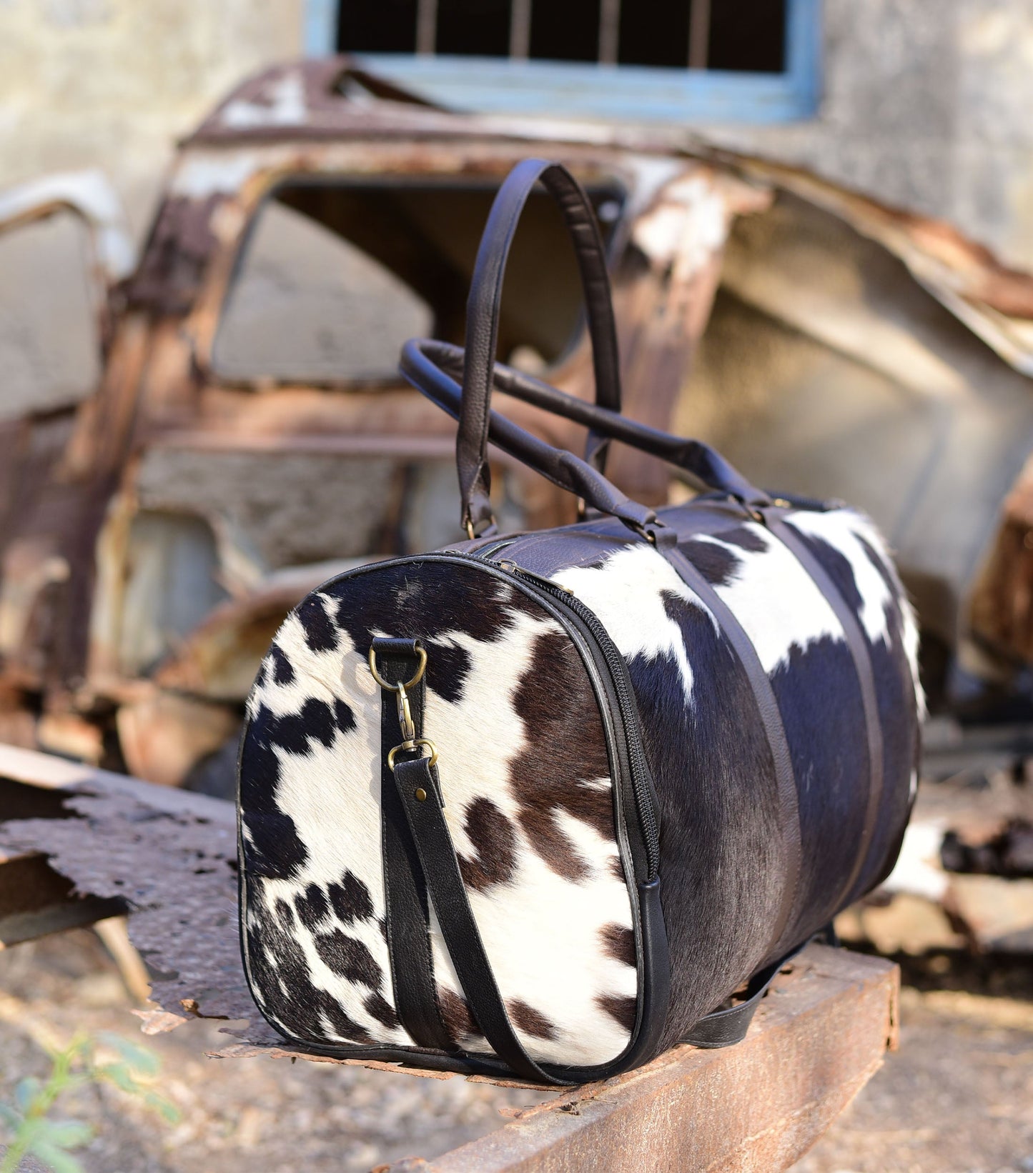 Black and White Overnight Bag, Cow Hide Pony Skin Design, Luxurious Travel Essential, Unique Gift for Jetsetter