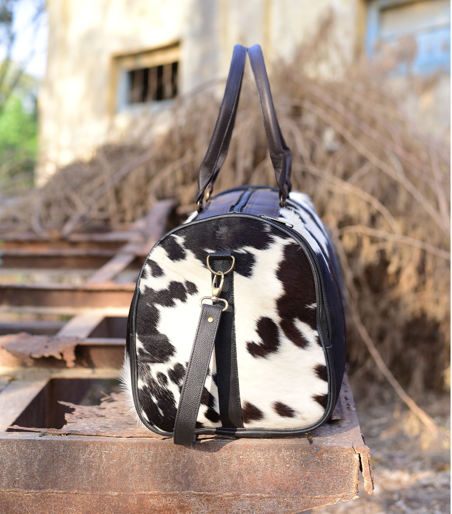 Black and White Overnight Bag, Cow Hide Pony Skin Design, Luxurious Travel Essential, Unique Gift for Jetsetter