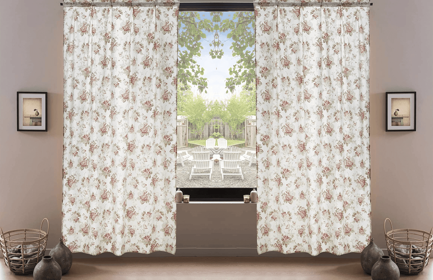 DaDa Bedding Set of 2-Pieces Hint of Mint Dainty Floral Pink Roses Cottage Sheer Window Panel Curtains (JHW3036)