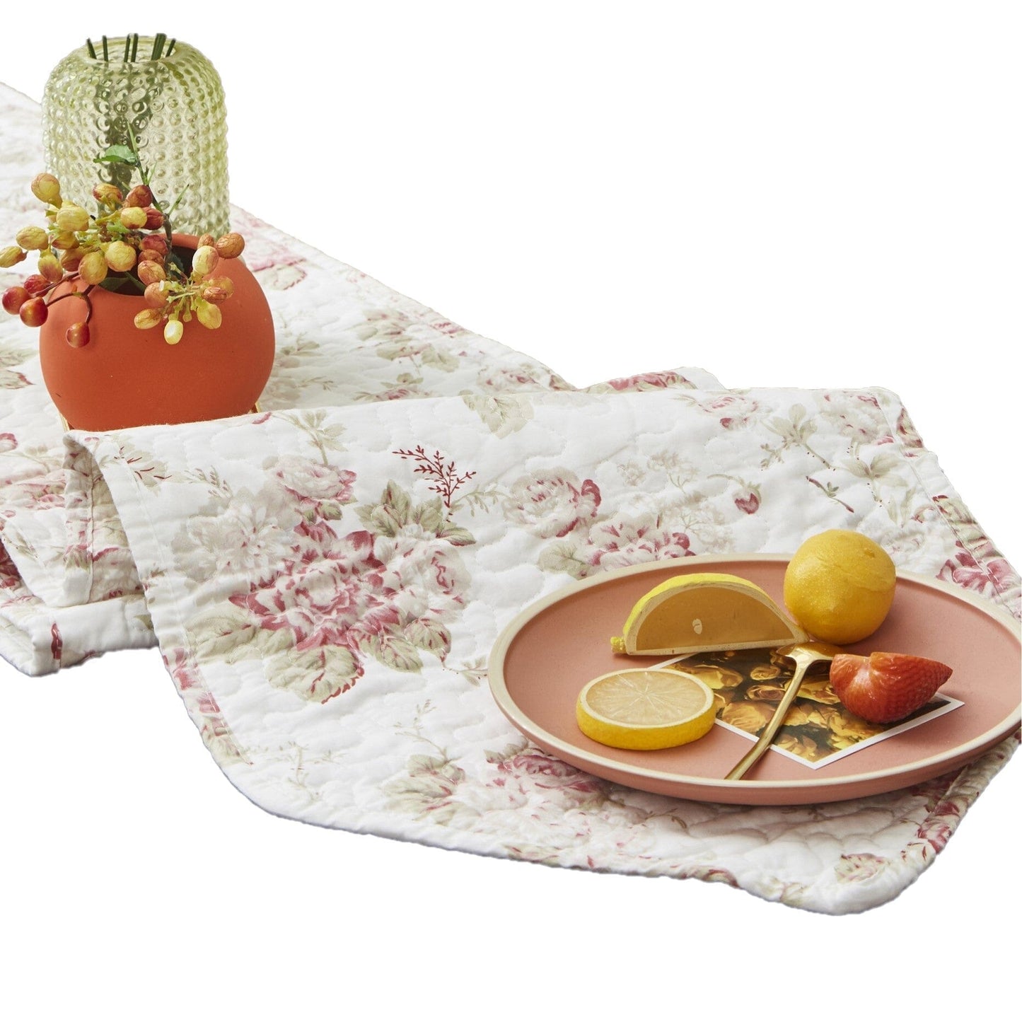 DaDa Bedding Hint of Mint Cottage Floral Roses Quilted Cotton Dining Table Runner (3036)