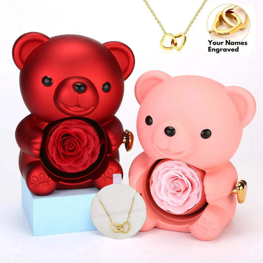 Eternal Rose Bear W/ Engraved Necklace