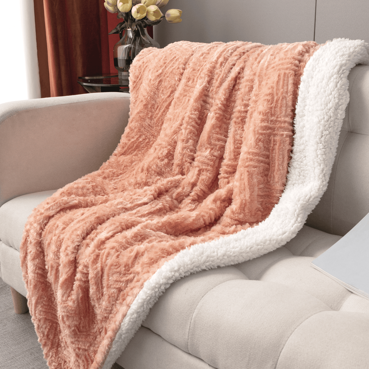 DaDa Bedding Coral Peach Rose Faux Fur Throw Blanket - Dreamy Geometric Embossed Sherpa Backside - Super Soft Warm Cozy Plush Fluffy