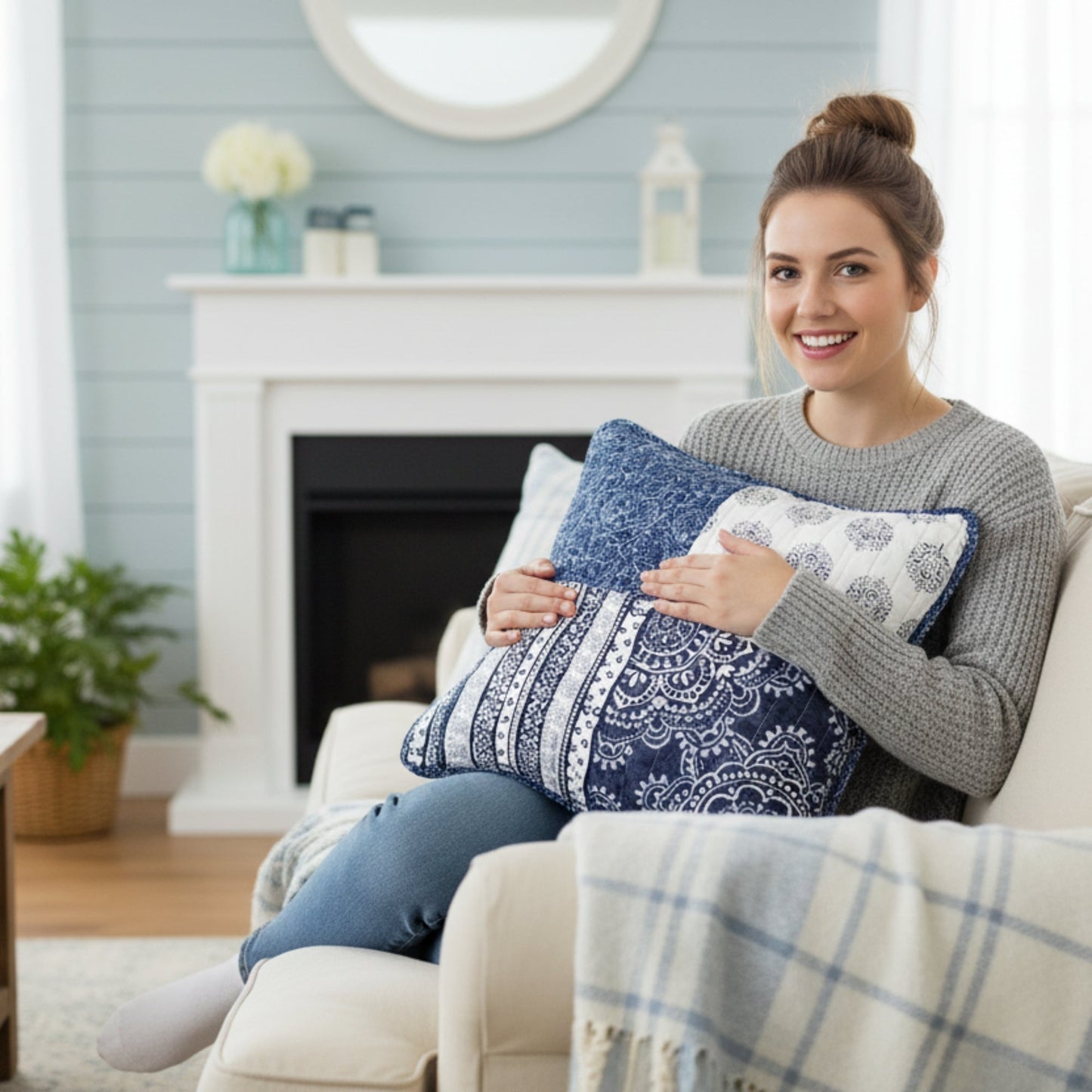 DaDa Bedding Set of 2-Pieces Bohemian Denim Blue Elegance Throw Pillow Covers - 18” x 18" (JHW660)