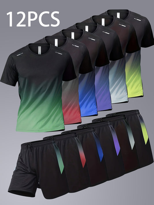 12pcs Men's Gradient Short Sleeved Shorts Set, Gifts, Halloween Gifts, Christmas Gifts, Summer Casual Sports Quick Drying Set, Suitable for Basketball, Running, Fitness And Outdoor Activities, Suitable for Multiple Scenarios