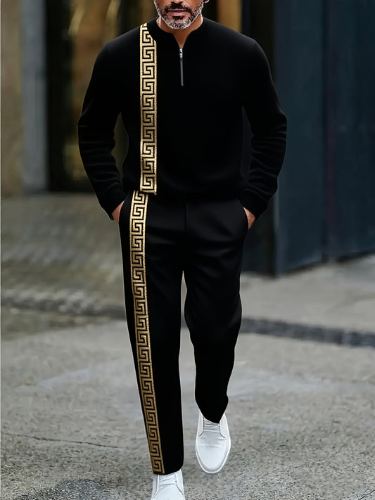 Two Piece Men's Casual Black And Golden Sports Suit | Rugged Contrasting Stripes | Semi Open Neck Top | High-quality Polyester Fabric, Wrinkle Resistant And Easy to Care for | Suitable for Fitness And Outdoor Leisure Styles
