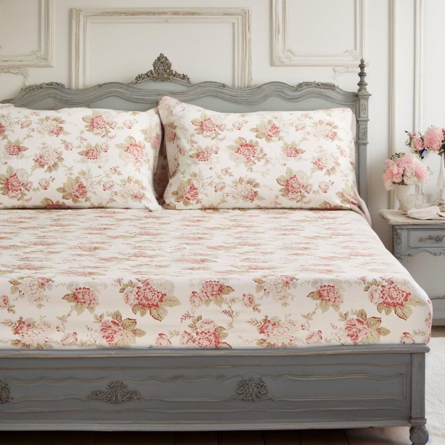 DaDa Bedding Hint of Mint Dainty Cottage Floral Roses Cotton Fitted Sheet w/ Pillow Case (3036)
