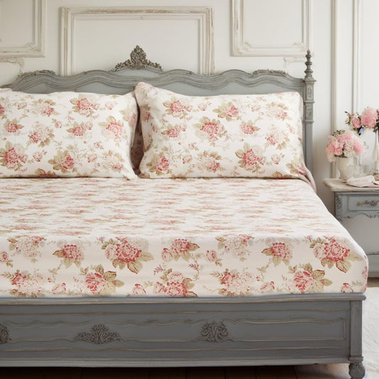 DaDa Bedding Hint of Mint Dainty Cottage Floral Roses Cotton Fitted Sheet w/ Pillow Case (3036)