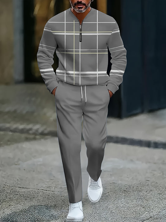 Men'S Casual Sportswear Two-Piece Set, Stand-Up Collar, Half-Open Zipper, Striped Print Design Sports Top, Solid Color Casual Sports Trousers; The Best Outfit for Jogging.