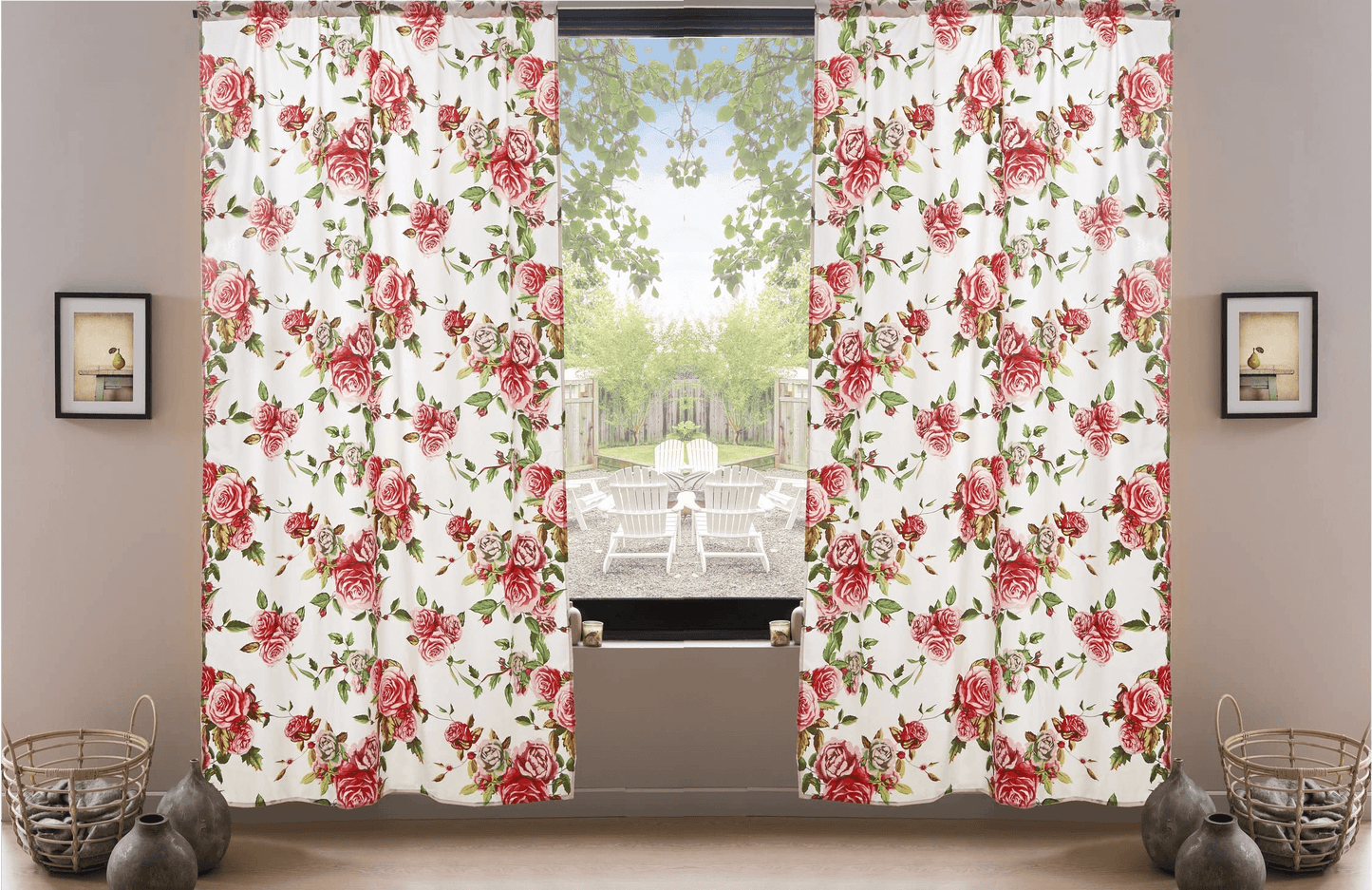 DaDa Bedding Set of 2-Pieces Romantic Roses Pink Floral Sheer Window Panel Curtains (JHW-879)