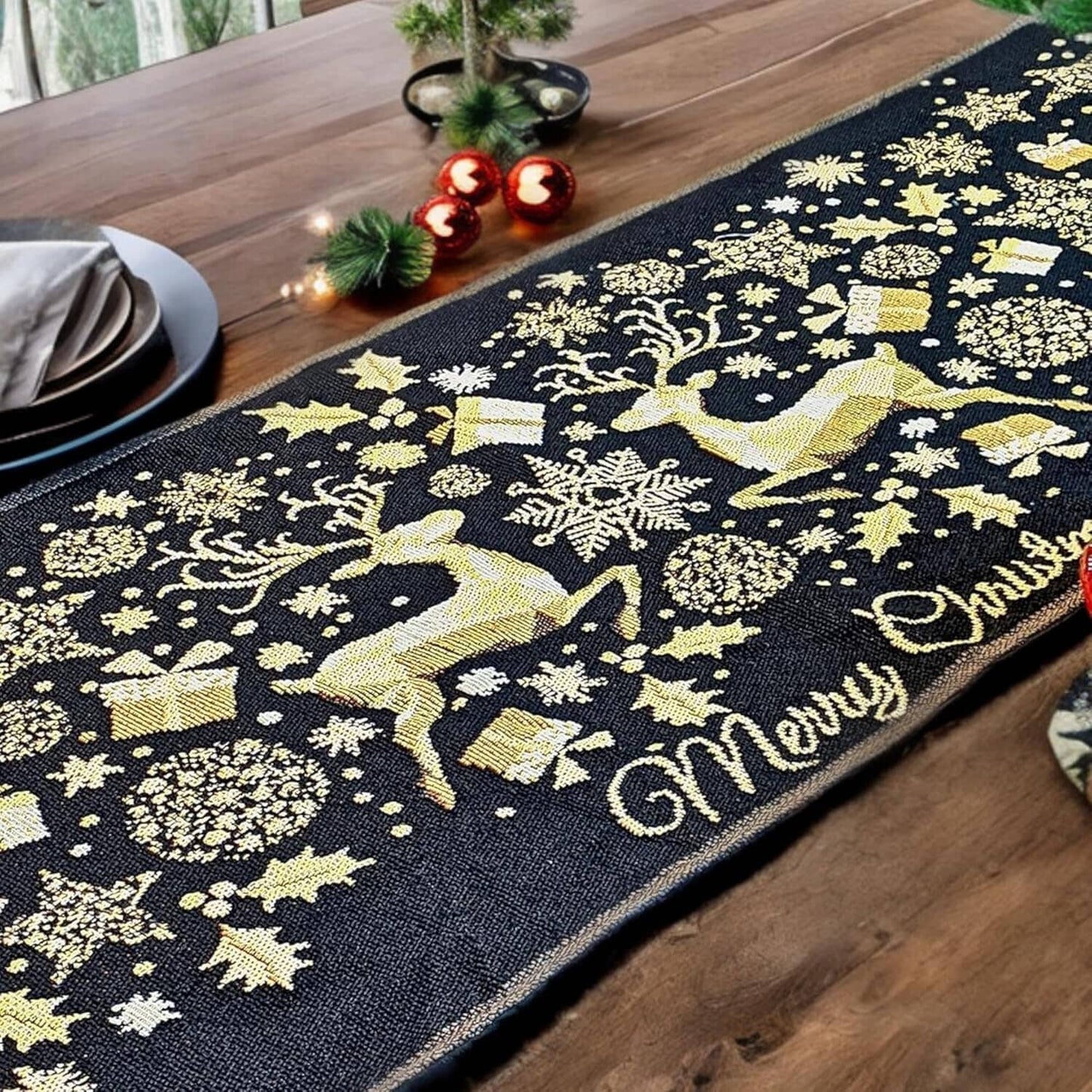 DaDa Bedding Magical Golden Reindeer Woven Tapestry Dining Table Runner (18272)