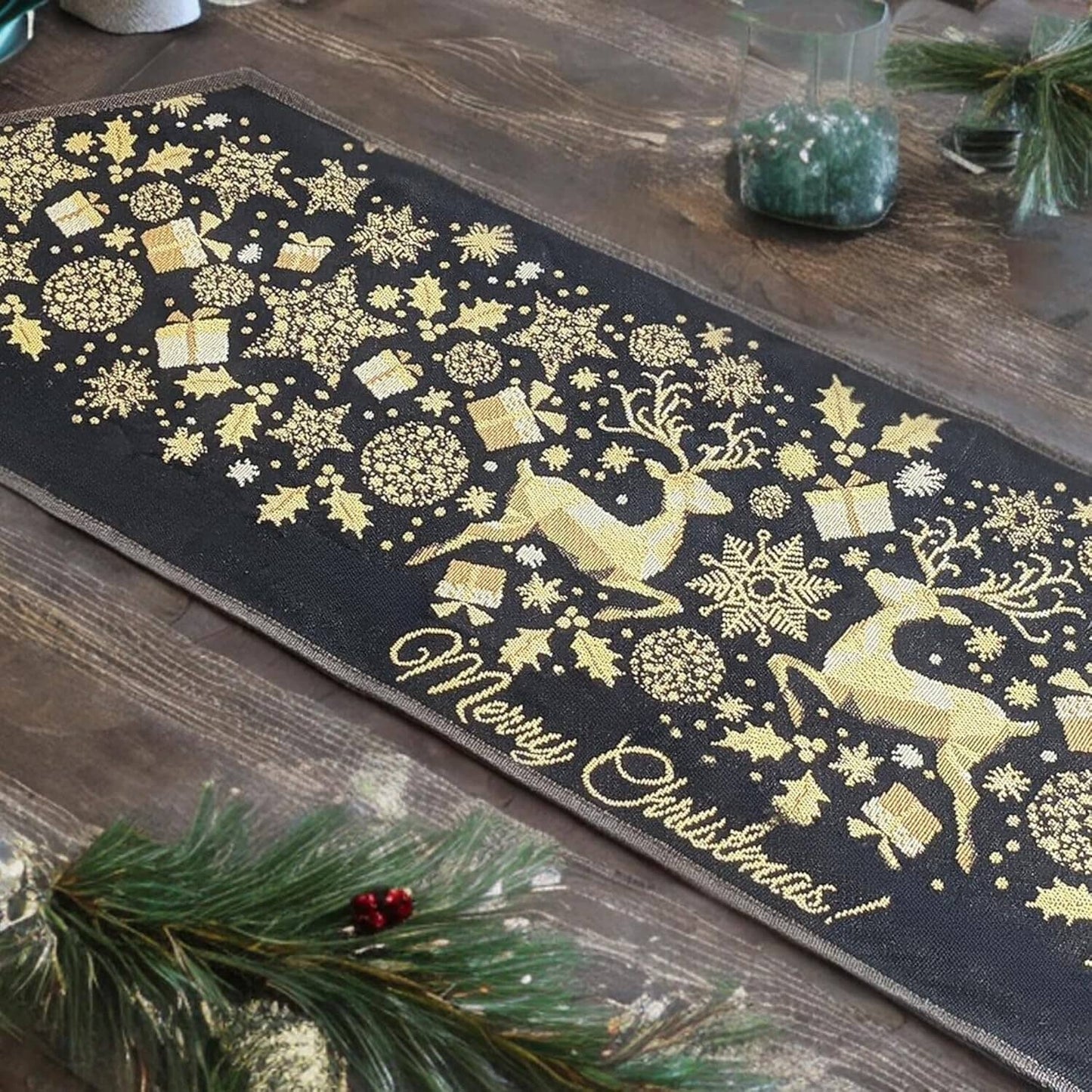 DaDa Bedding Magical Golden Reindeer Woven Tapestry Dining Table Runner (18272)