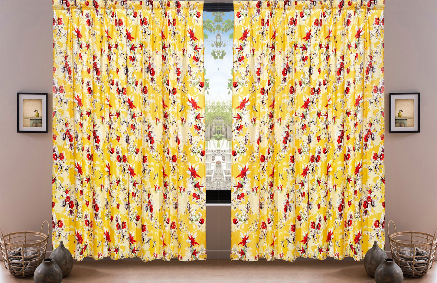 DaDa Bedding Set of 2 Radiant Sunshine Yellow Floral Window Curtain Panels - Natural Semi Sheer Hummingbirds Farmhouse Red Flowers Straight Tailored Edge