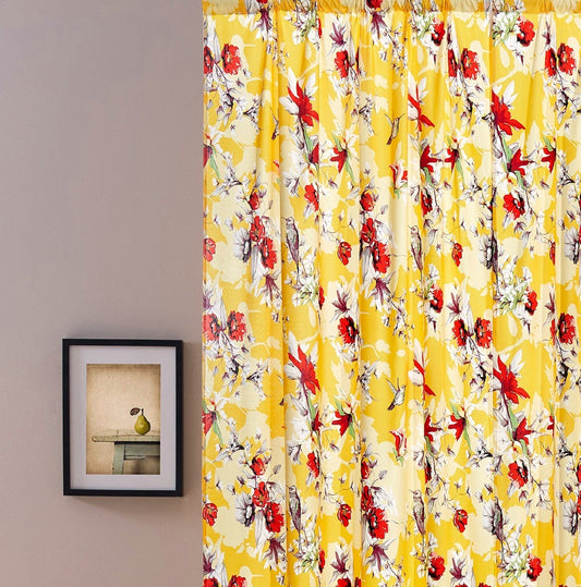 DaDa Bedding Set of 2 Radiant Sunshine Yellow Floral Window Curtain Panels - Natural Semi Sheer Hummingbirds Farmhouse Red Flowers Straight Tailored Edge