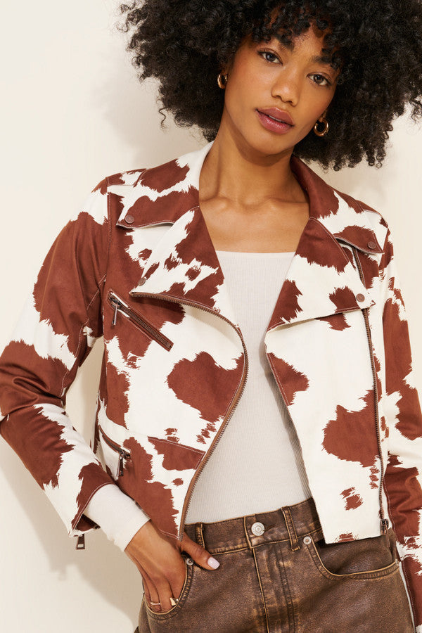 Cow Print Vegan Suede Moto Jacket Women