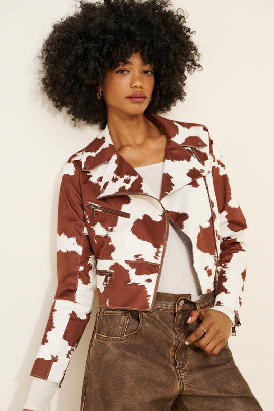 Cow Print Vegan Suede Moto Jacket Women