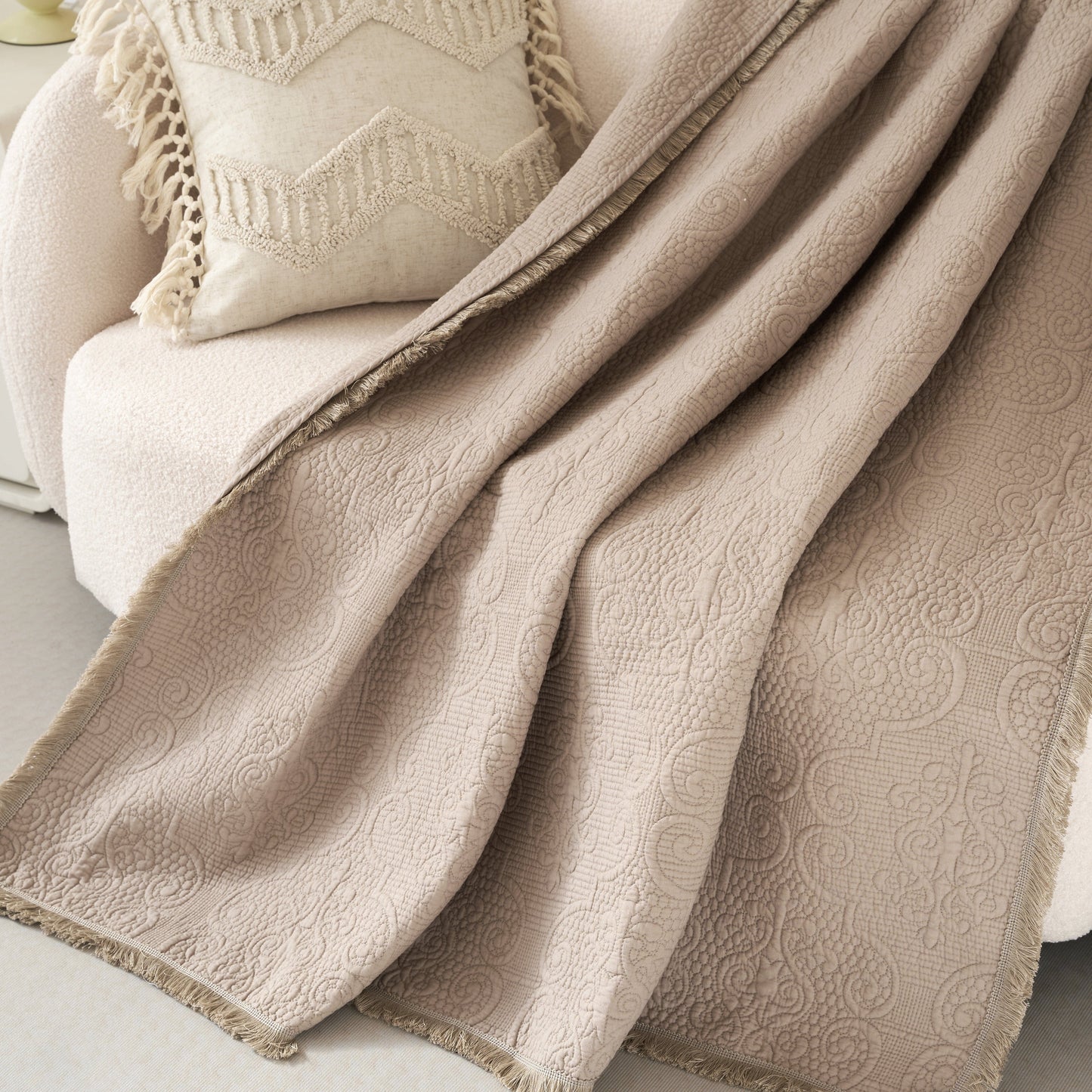 DaDa Bedding Elegant Fringed Cotton Quilted Throw Blanket - Luxurious Solid Soft Paisley Pattern, Cozy Lightweight Lap Throw, Perfect for Couch or Bed, Neutral Sandy Taupe Tan Beige, 50x60 Inches