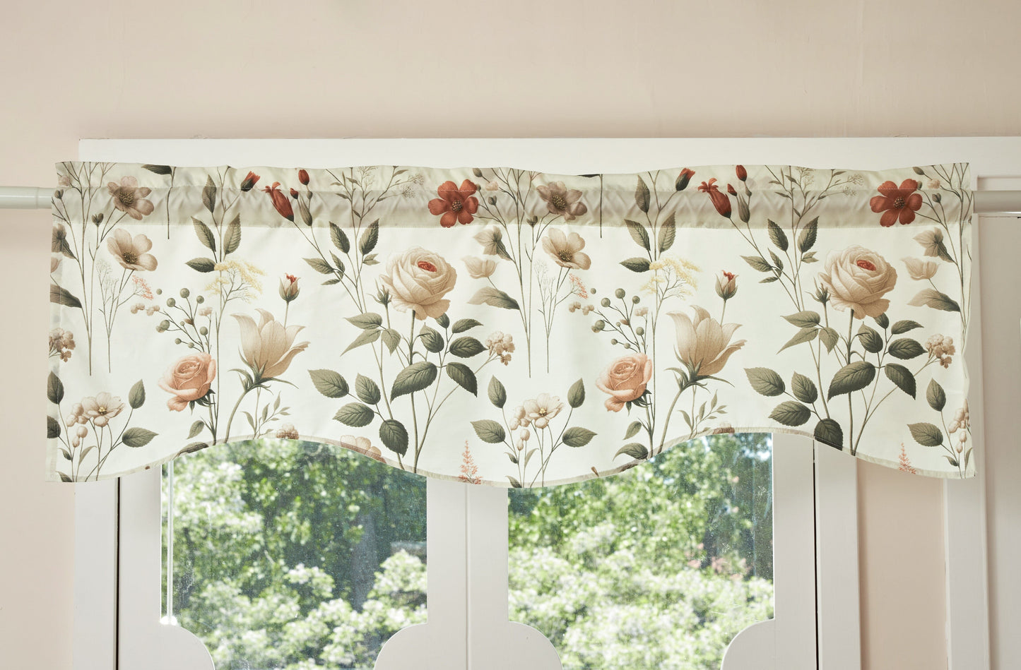 DaDa Bedding Collection Enchanted Meadow Semi-Sheer Valance - Floral Elegance in Beige, Rose, and Soft Green, Light Filtering See Through Microfiber, Rod Pocket Design, 18x52 Inches