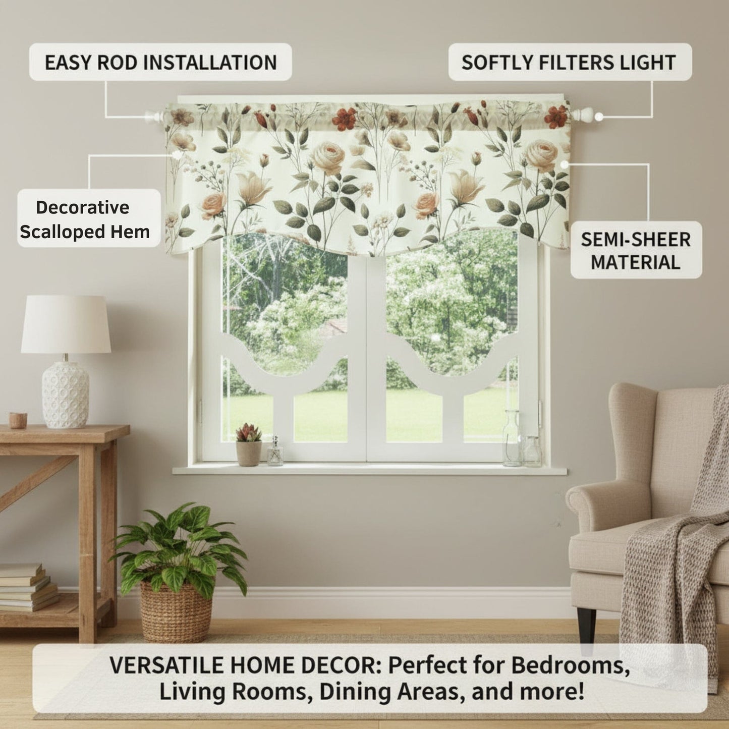 DaDa Bedding Collection Enchanted Meadow Semi-Sheer Valance - Floral Elegance in Beige, Rose, and Soft Green, Light Filtering See Through Microfiber, Rod Pocket Design, 18x52 Inches