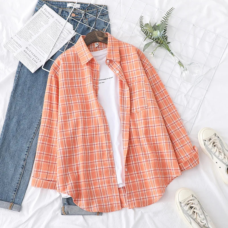 Brand Women's Flannel Plaid Shirts 2025 New Ladies Tops Exquisite Designer Style Loose Blouses Casual Cotton Long Sleeve Blouse