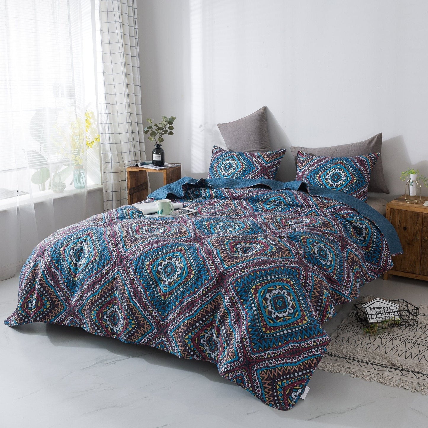 DaDa Bedding Farmhouse Bohemian Native Rustic Navy Blue Geometric Diamond Shapes Bedspread Set (KSX-001)