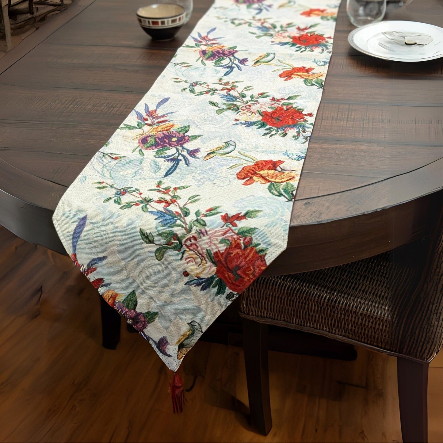 DaDa Bedding Floral Roses Tropical Paradise Birds Woven Tapestry Dining Table Runner (18116)