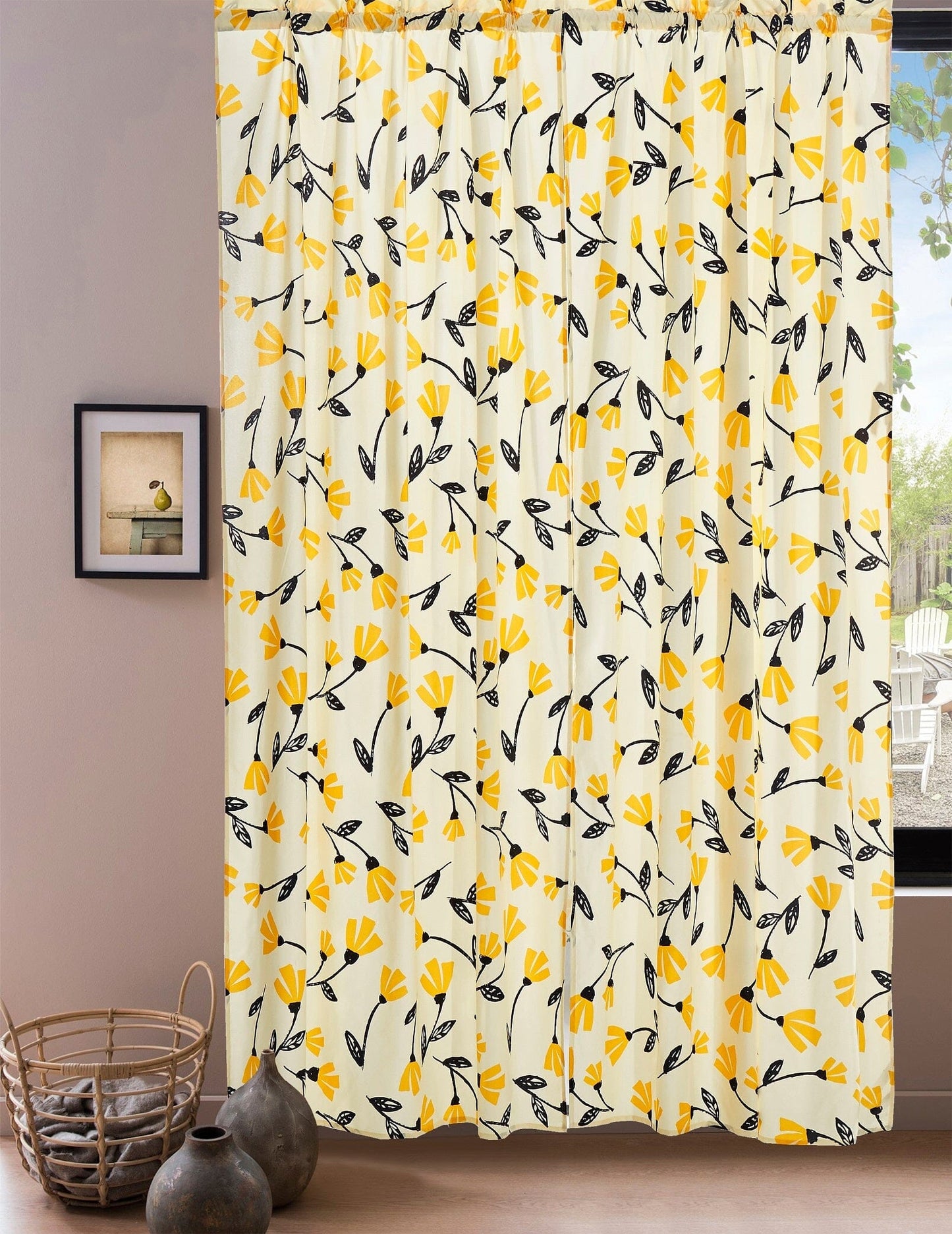 DaDa Bedding Set of 2 Botanical Floral Window Curtain Panels - Natural Semi Sheer Yellow Fleur Golden Orange Spring Time Tulips Straight Tailored Edge