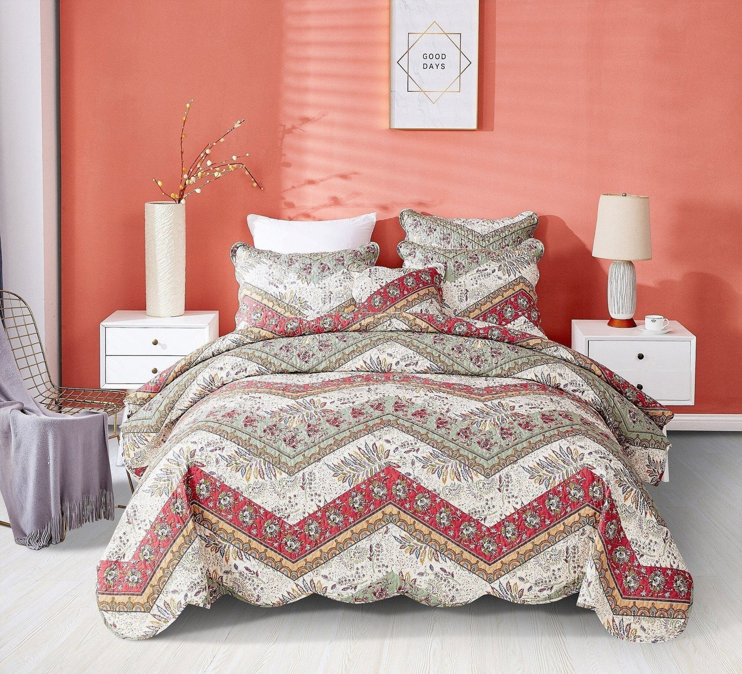 DaDa Bedding Rustic Bohemian Cranberry Sage Chevron Floral Bedspread Set (JHW-924)