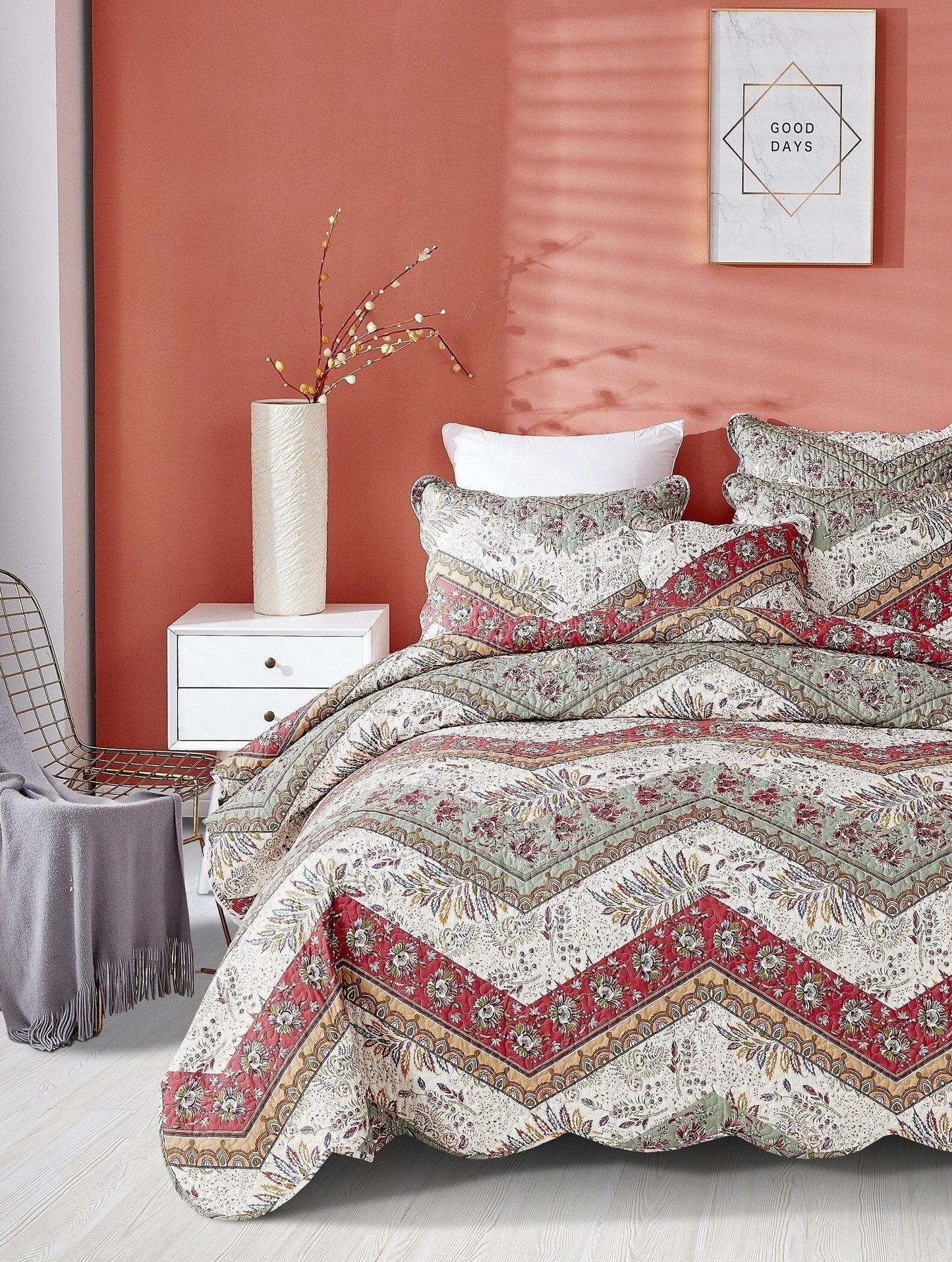 DaDa Bedding Rustic Bohemian Cranberry Sage Chevron Floral Bedspread Set (JHW-924)
