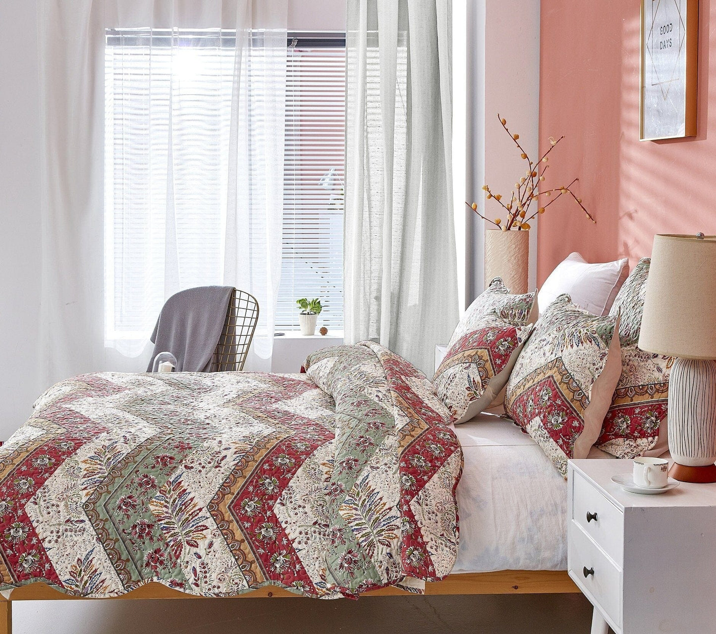 DaDa Bedding Rustic Bohemian Cranberry Sage Chevron Floral Bedspread Set (JHW-924)