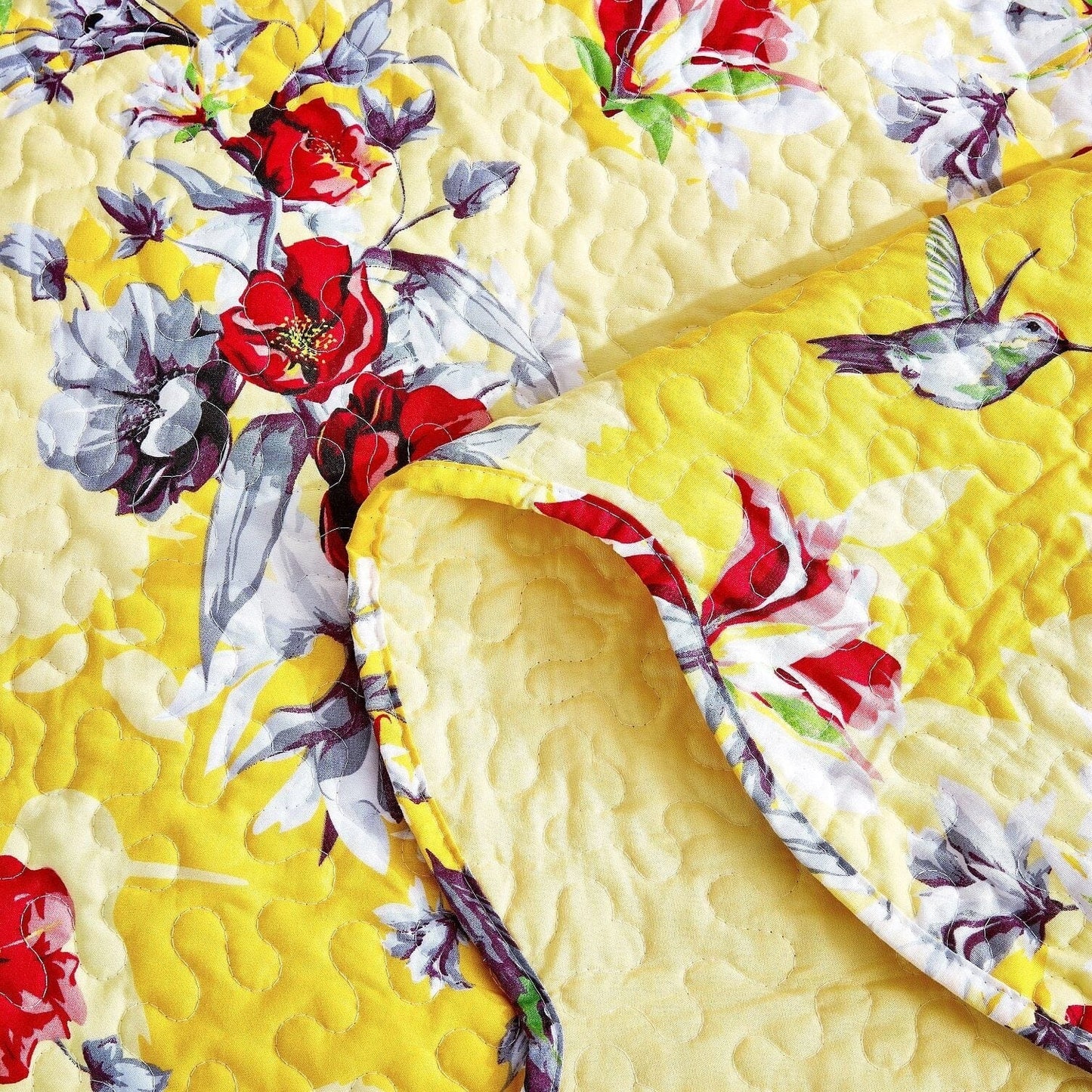 DaDa Bedding Bed in a Bag Bundle Set - Radiant Sunshine Yellow Hummingbirds Floral Bedding Set (JHW-925)