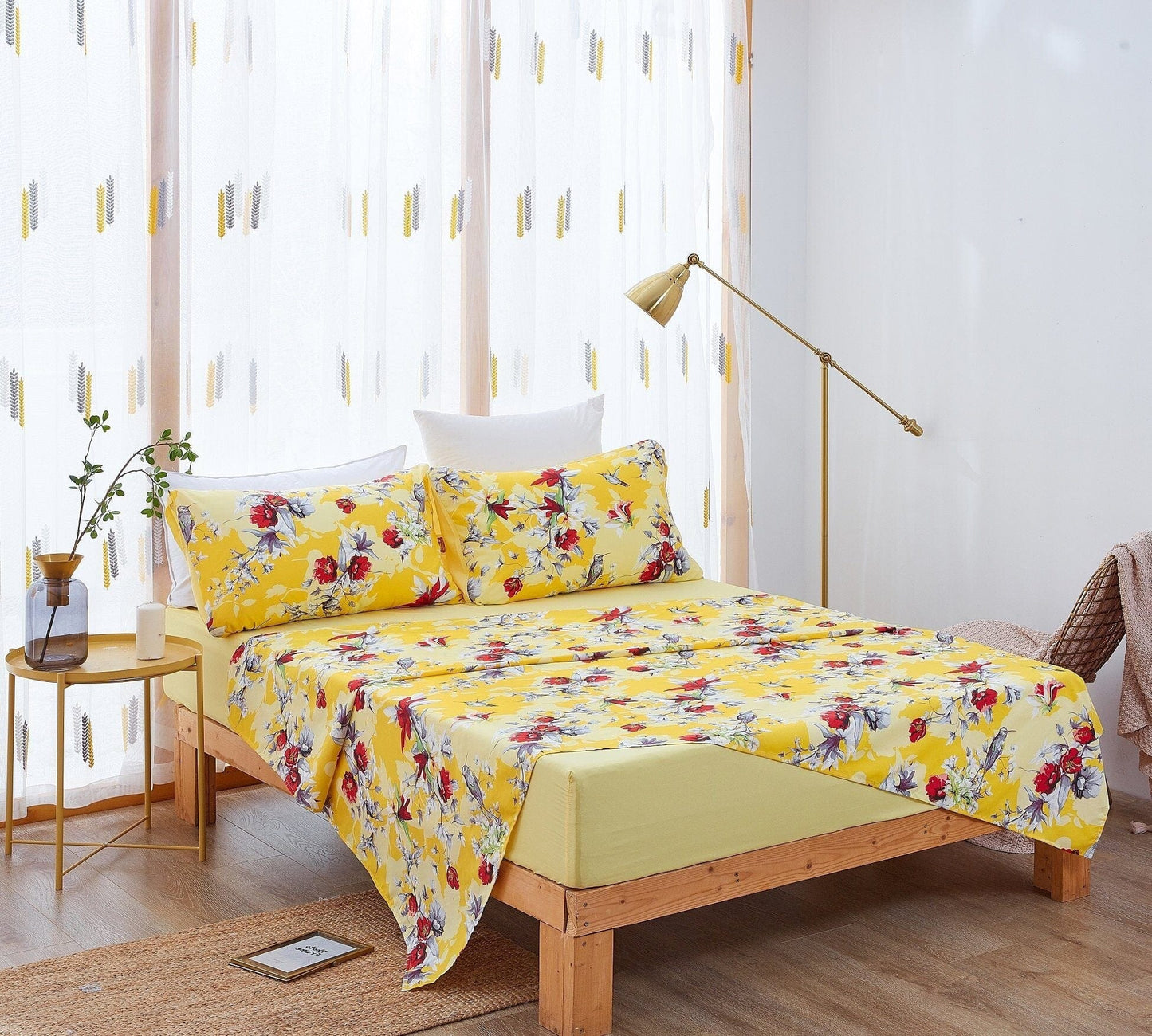 DaDa Bedding Bed in a Bag Bundle Set - Radiant Sunshine Yellow Hummingbirds Floral Bedding Set (JHW-925)