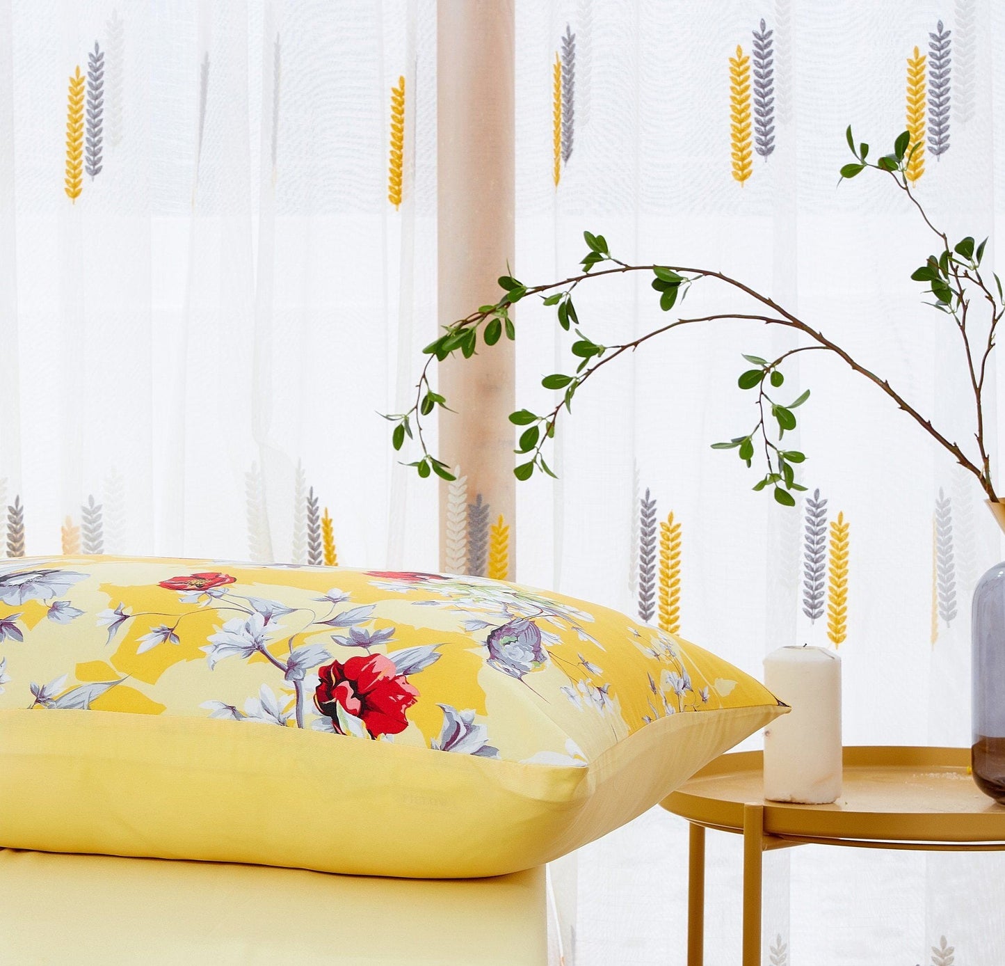 DaDa Bedding Bed in a Bag Bundle Set - Radiant Sunshine Yellow Hummingbirds Floral Bedding Set (JHW-925)