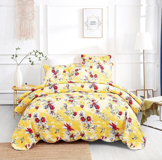 DaDa Bedding Radiant Sunshine Yellow Hummingbirds Floral Scalloped Bedspread Set (JHW-925)