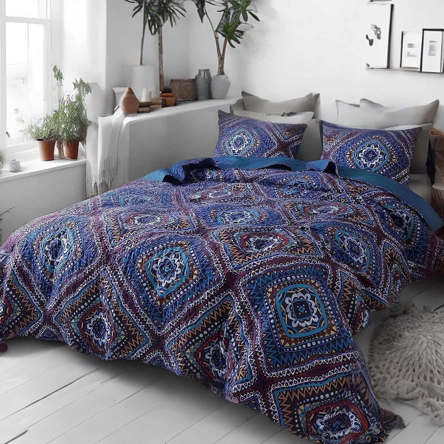 DaDa Bedding Farmhouse Bohemian Native Rustic Navy Blue Geometric Diamond Shapes Bedspread Set (KSX-001)
