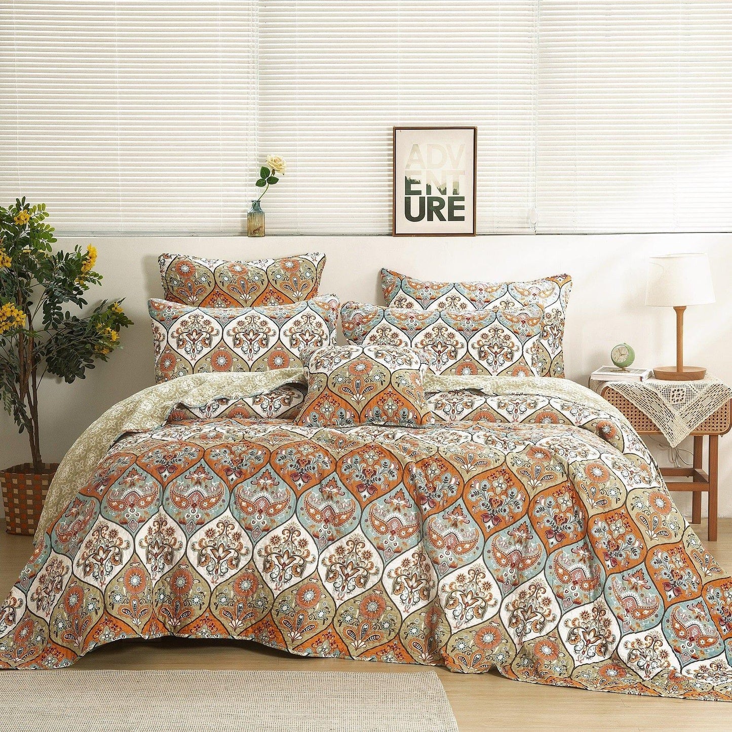 DaDa Bedding Bohemian Floral Paisley Garden Coral Teal Quilted Bedspread Set (LH1403)