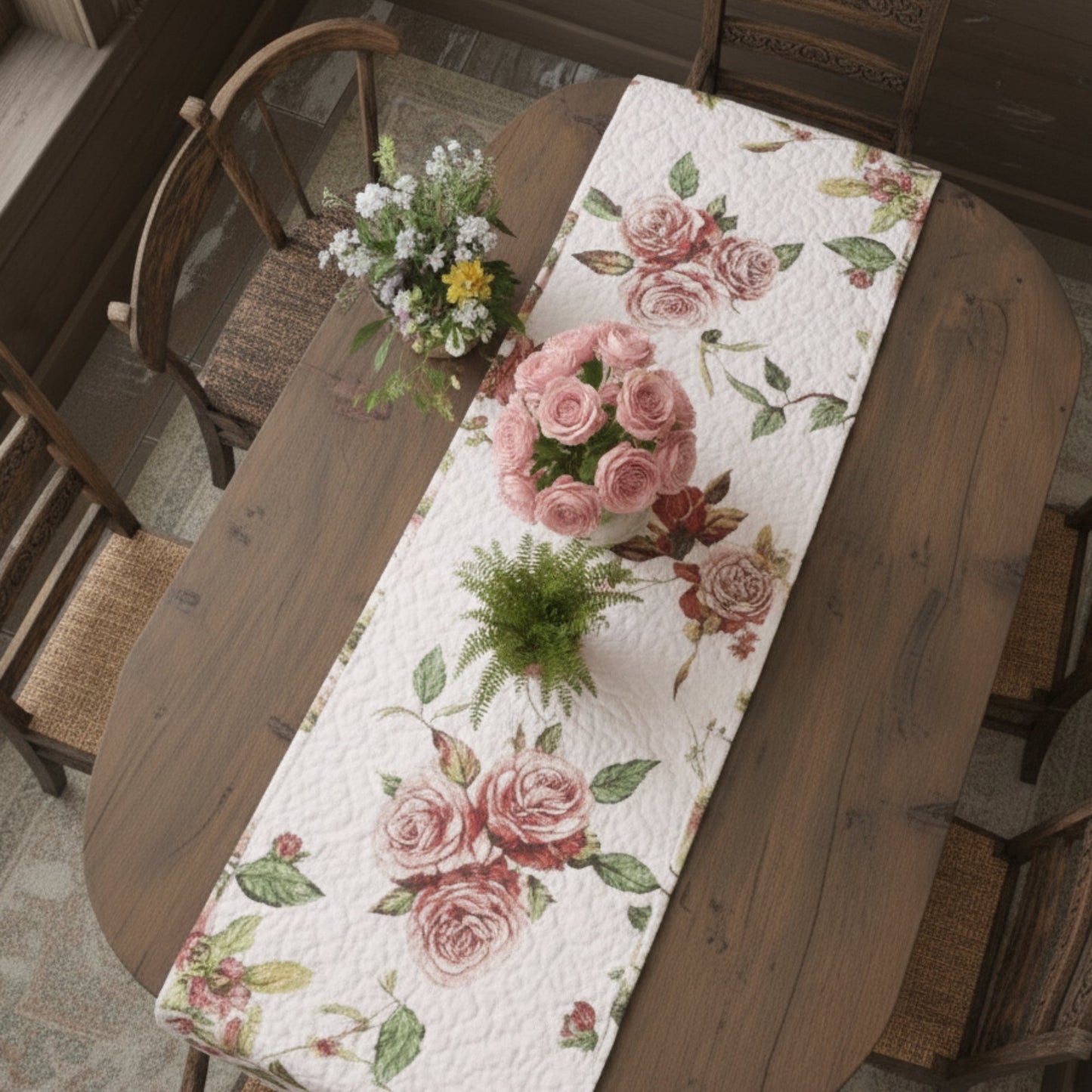 DaDa Bedding Romantic Roses Pink White Lovely Floral Quilted Dining Table Runner (879)