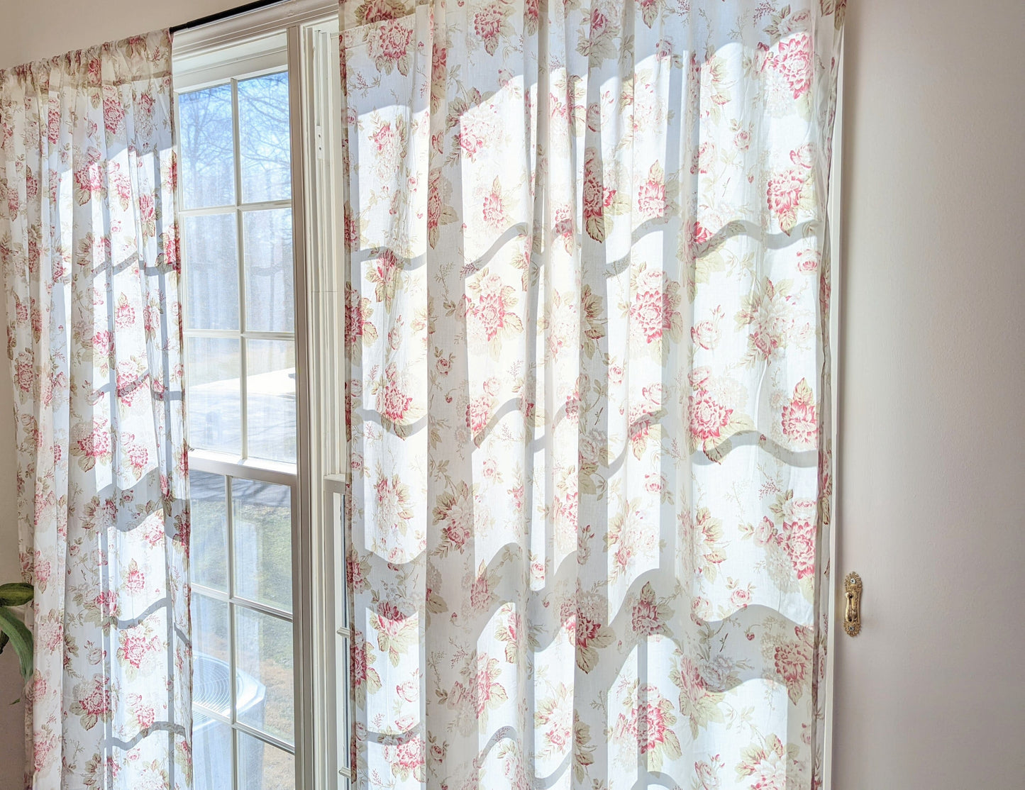 DaDa Bedding Set of 2-Pieces Hint of Mint Dainty Floral Pink Roses Cottage Sheer Window Panel Curtains (JHW3036)