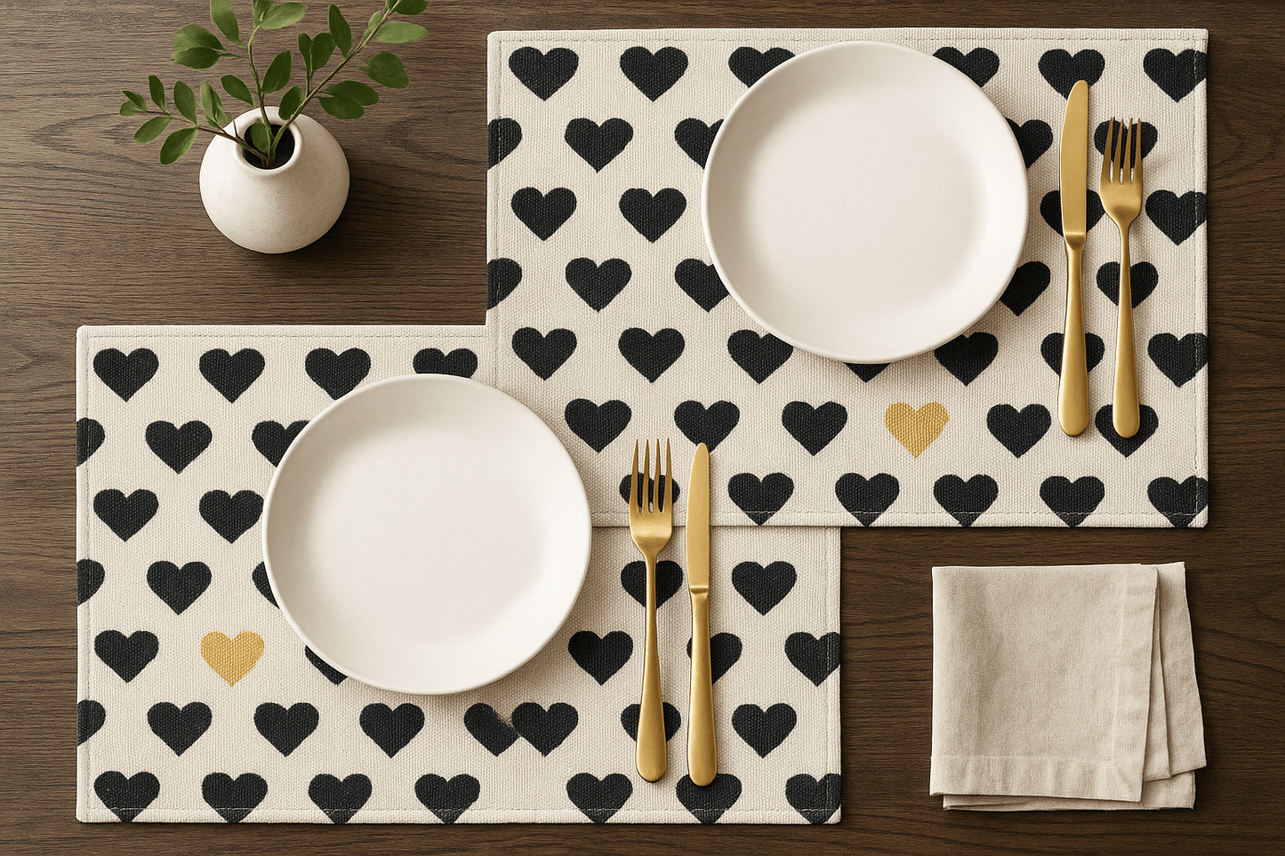 DaDa Bedding Set of 4-Pieces Lovely Yellow & Black Hearts Tapestry Dining Table Placemats 13” x 19” (18113)