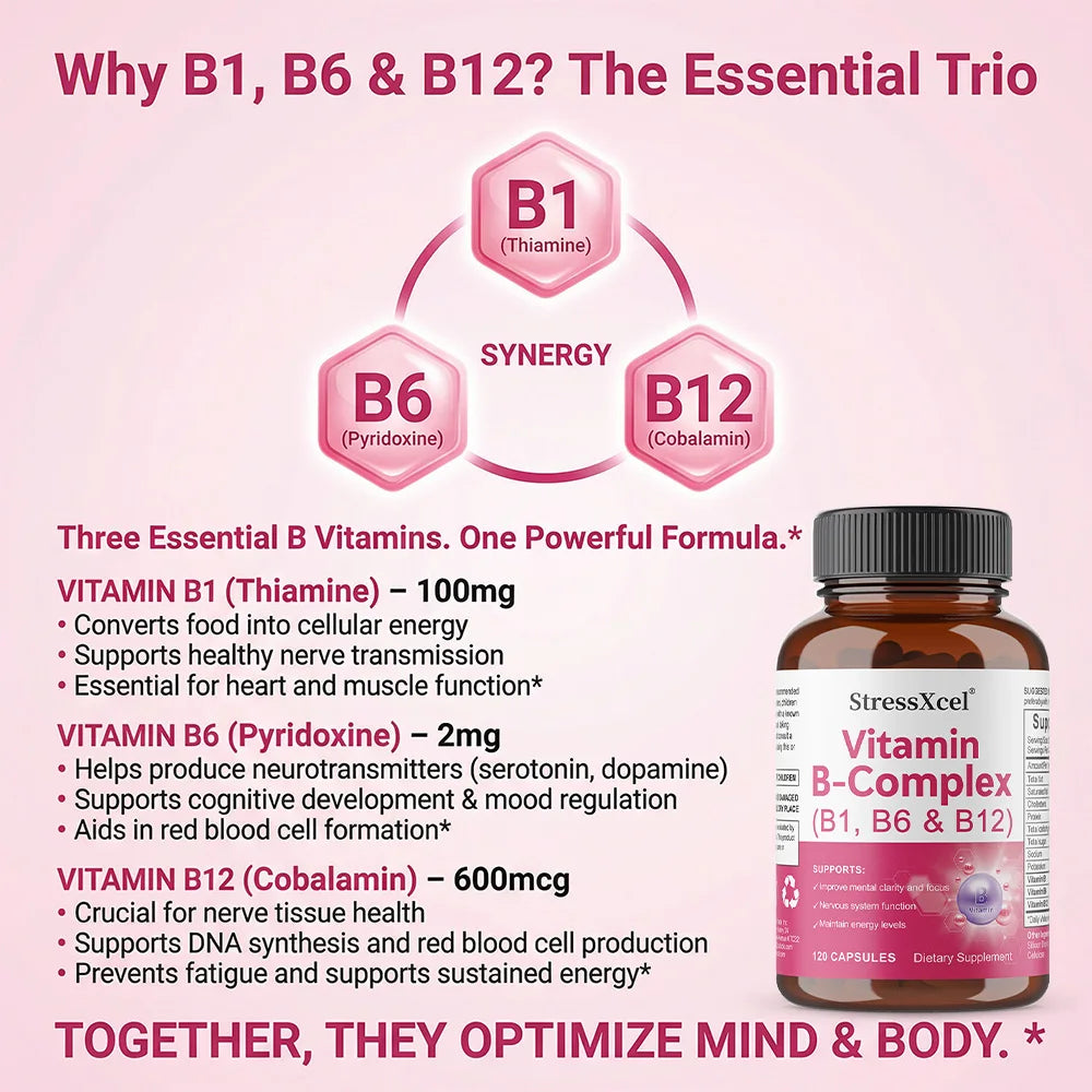 Vitamin B Complex Capsules - B1, B6, B12, Supports Energy Metabolism, Mood, Nervous System, Immune & Antioxidant Wellness