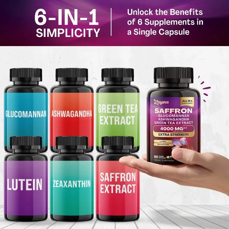 Saffron Supplement 1000 mg, Glucomannan, Ashwagandha, Green Tea Extract, Mood Stabilizer, Vision Support, 60 Capsules