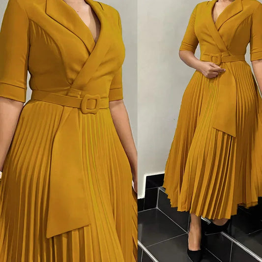 Pleated Dress Women Sexy Dresses White Round Neck Slim Sheath Work High Waist Hip Wrap Elegant Bodycon Mid Length Vestidos