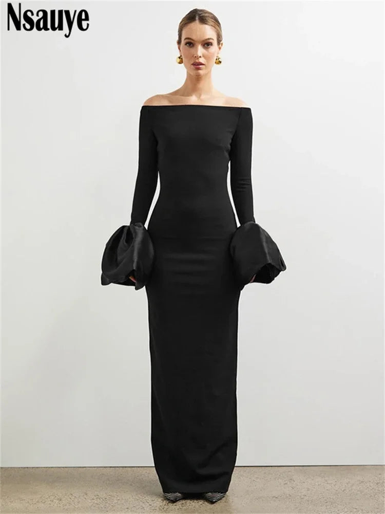 Nsauye Elegant Party Dress For Women Vintage Bud Long Sleeve Sexy Evening Fashion Wrap Night Club Black Dress Off Shoulder 2024