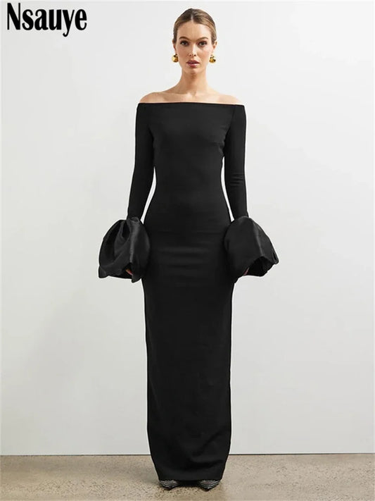 Nsauye Elegant Party Dress For Women Vintage Bud Long Sleeve Sexy Evening Fashion Wrap Night Club Black Dress Off Shoulder 2024