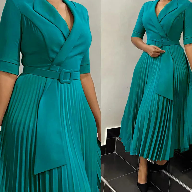 Pleated Dress Women Sexy Dresses White Round Neck Slim Sheath Work High Waist Hip Wrap Elegant Bodycon Mid Length Vestidos