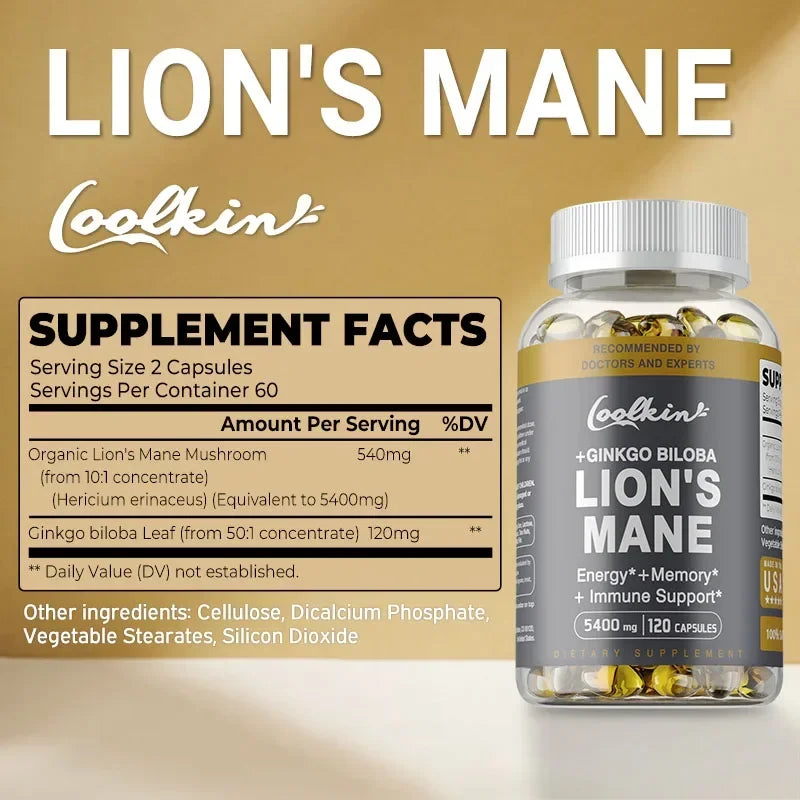 Lion's Mane Mushroom Capsules - Benefits Brain and Memory, Boosts Immunity, Boosts Energy, Improves Mood and Stress