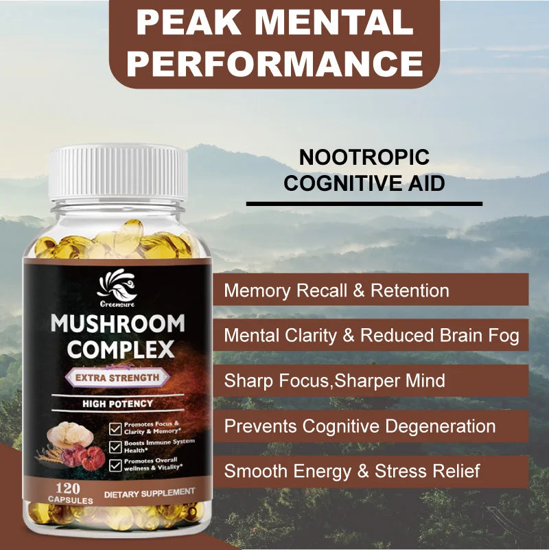 Lion Mane Cordyceps Mushroom Complex Supplement for Nootropic Brain Memory & Focus Immune & Stress Relief
