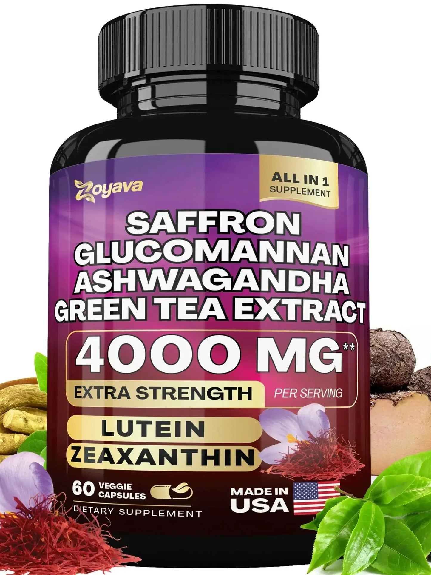 Saffron Supplement 1000 mg, Glucomannan, Ashwagandha, Green Tea Extract, Mood Stabilizer, Vision Support, 60 Capsules